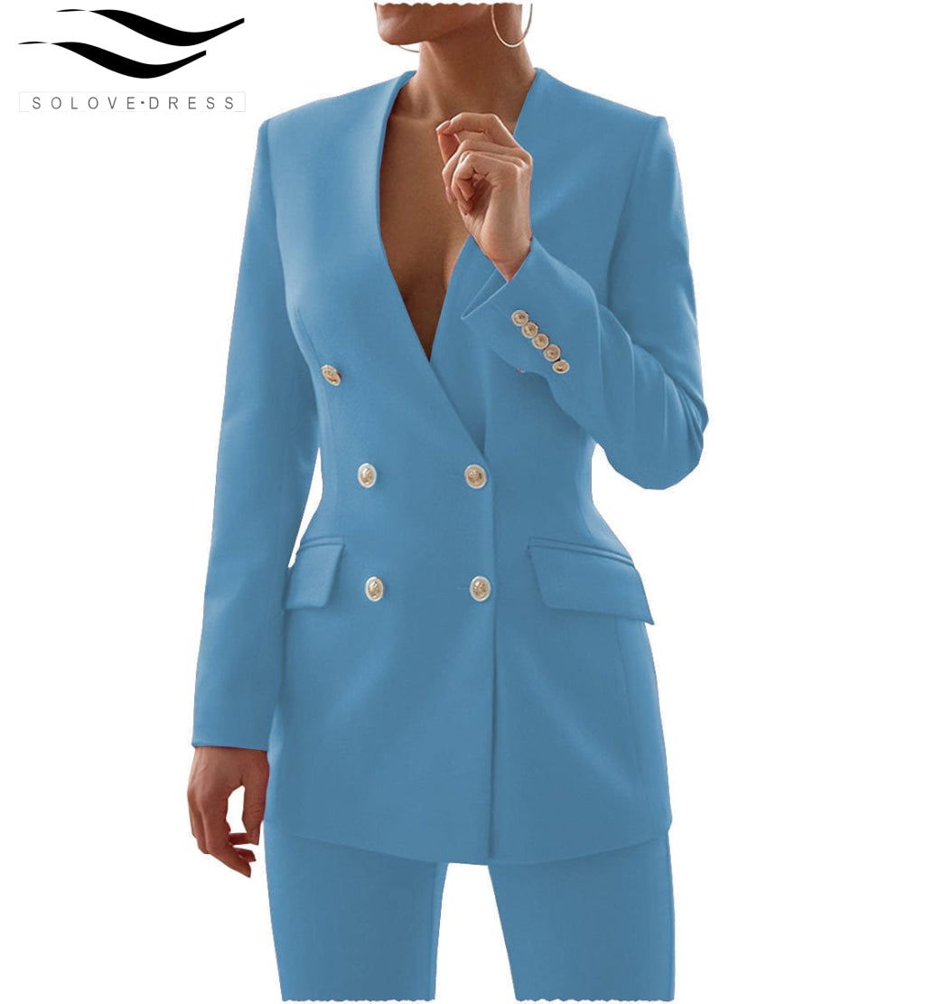 Double Breasted 6 Buttons V Neck Blazer 2 Pieces Women Suit