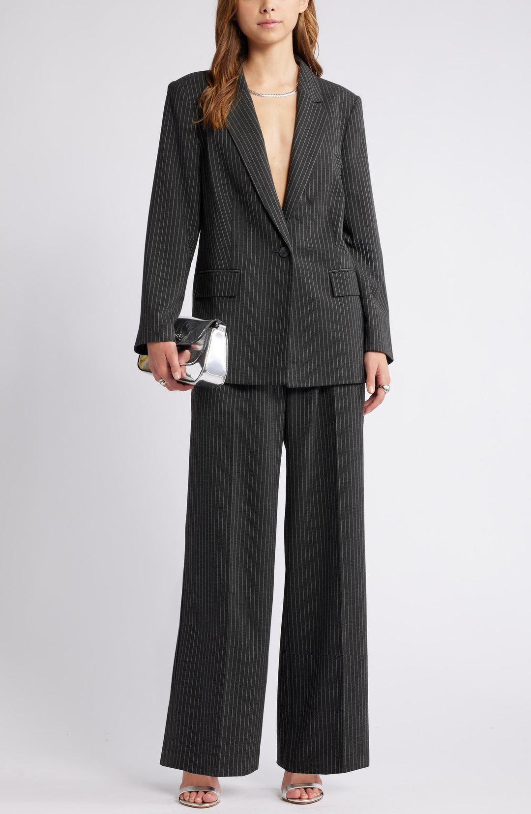 solovedress 2 Piece Single Button Grey Stripe Women Suit (Blazer+Pants)