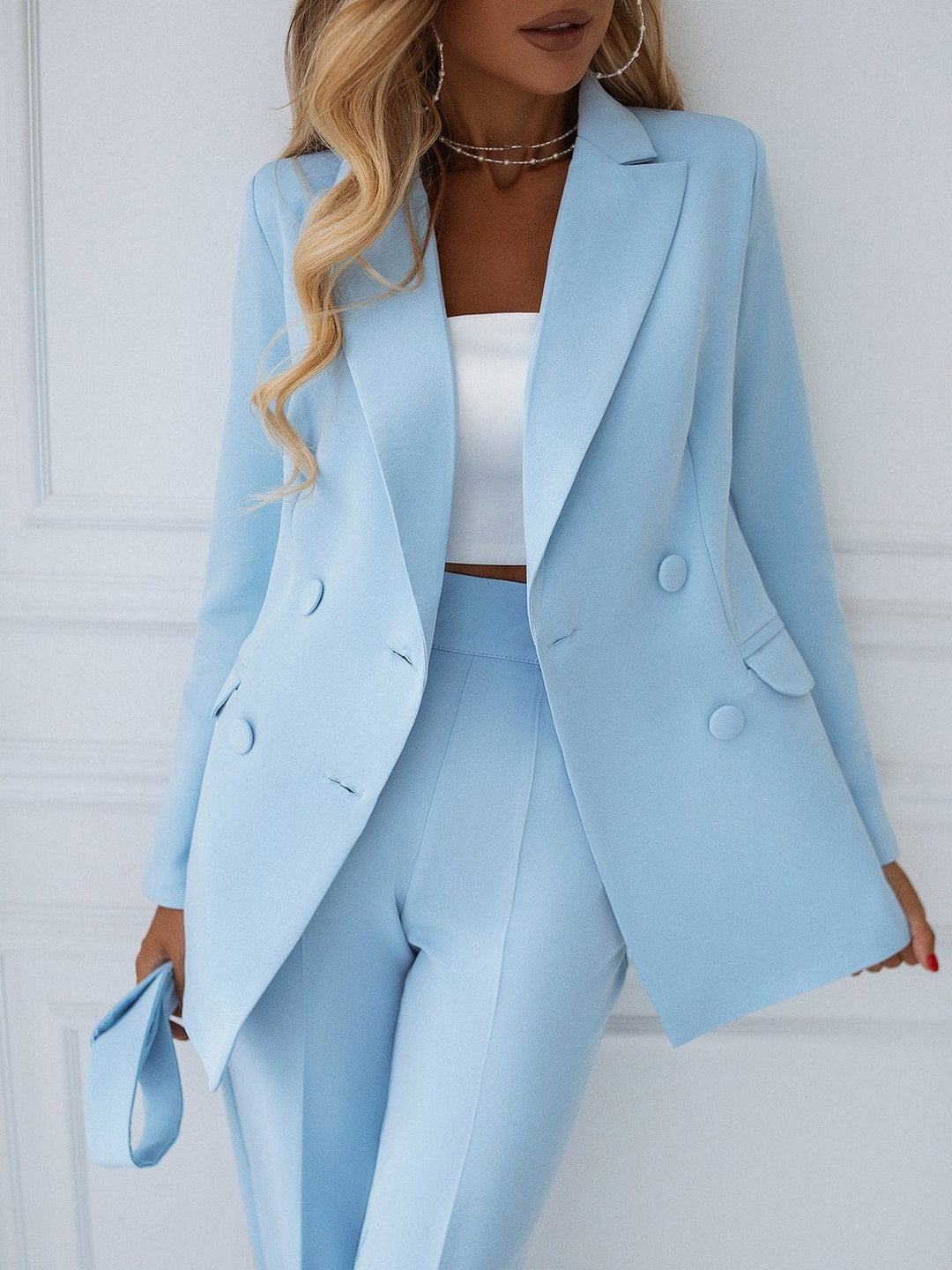 solovedress Blue 2 Piece Double Breasted Business Casual Slim Fit Women's Suit