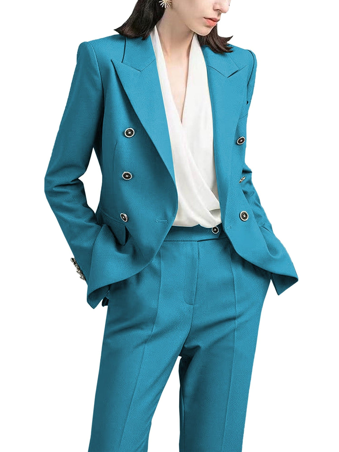 solovedress Blue 2 Piece Double Breasted Peak Lapel Women's Suit (Blazer+Pants)