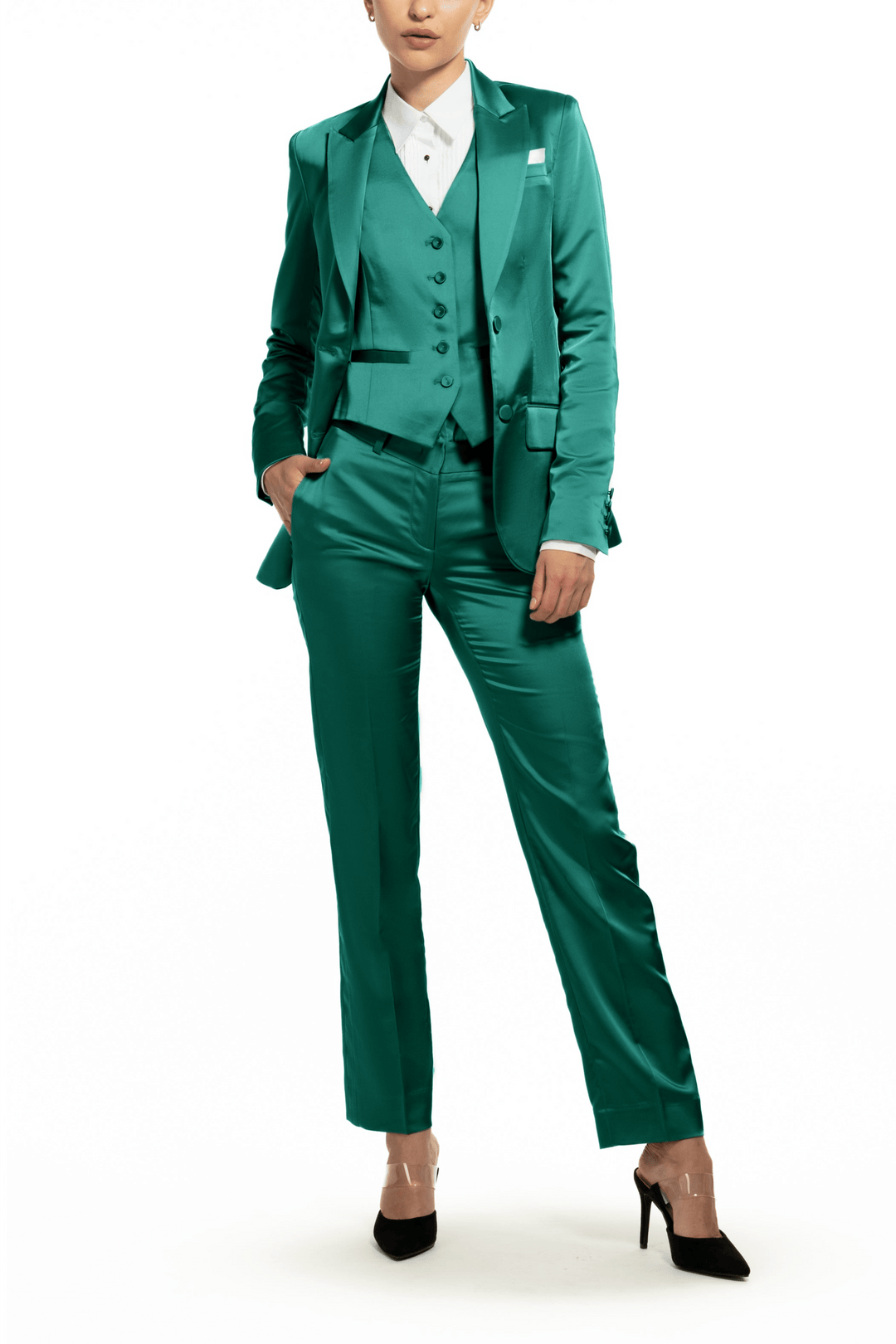 solovedress Green 3 Piece Peak Lapel Double Buttons Business Casual Satin Women's Suit