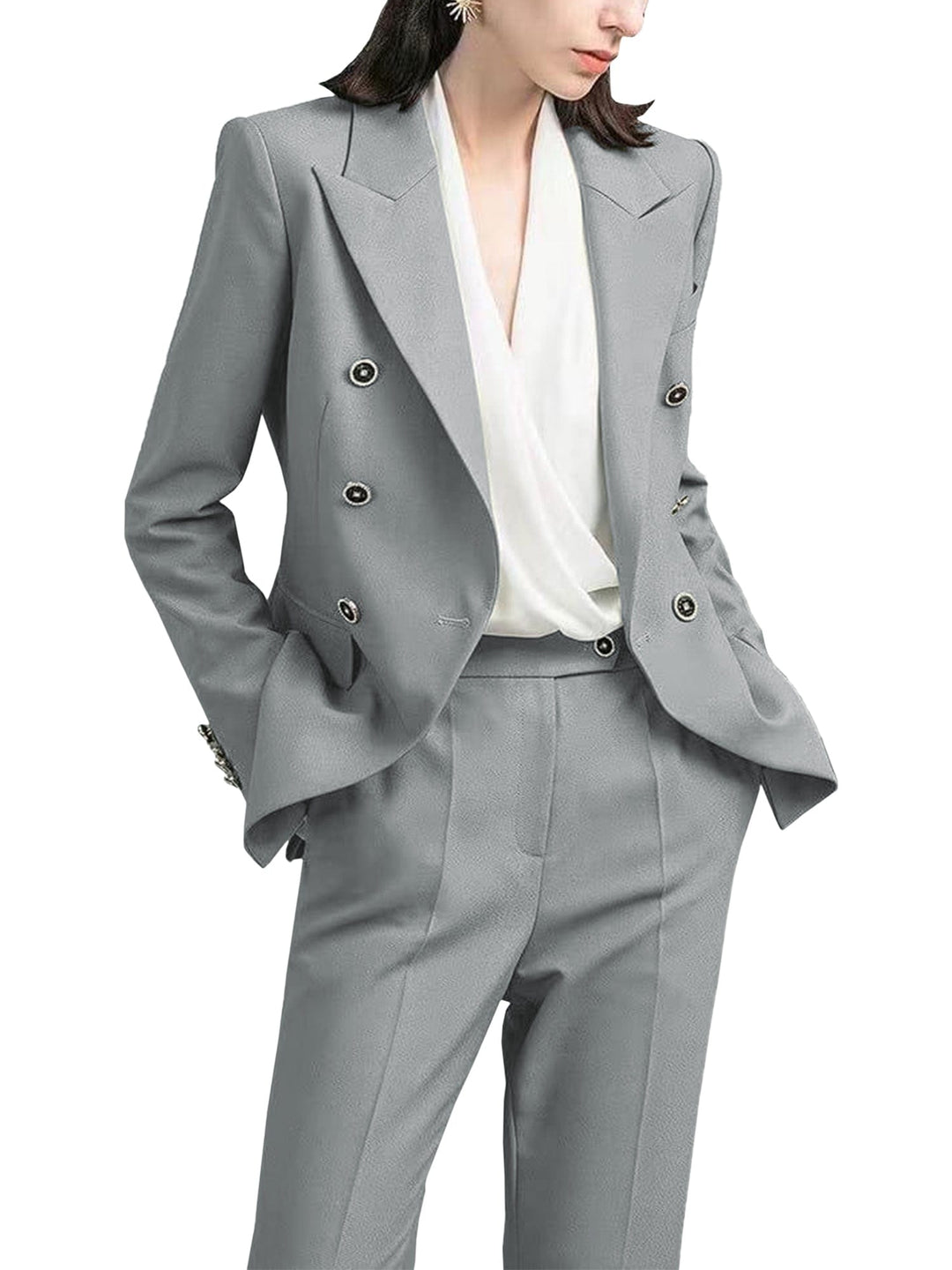 solovedress Grey 2 Piece Double Breasted Peak Lapel Women's Suit (Blazer+Pants)