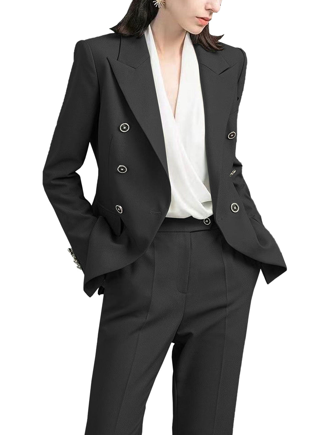 solovedress Grey 2 Piece Double Breasted Peak Lapel Women's Suit (Blazer+Pants)