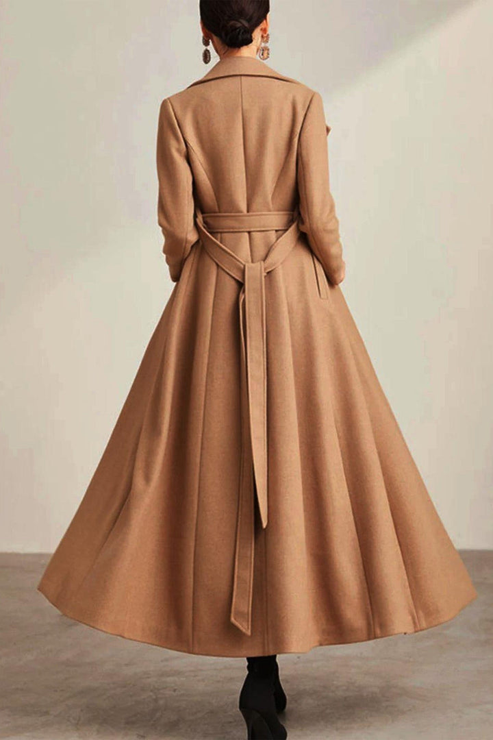 solovedress Khaki Double Breasted Lapel Casual Women Tweed Long Coat