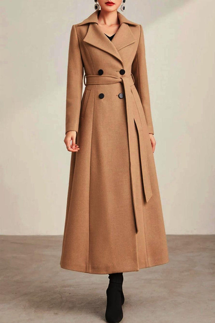 solovedress Khaki Double Breasted Lapel Casual Women Tweed Long Coat