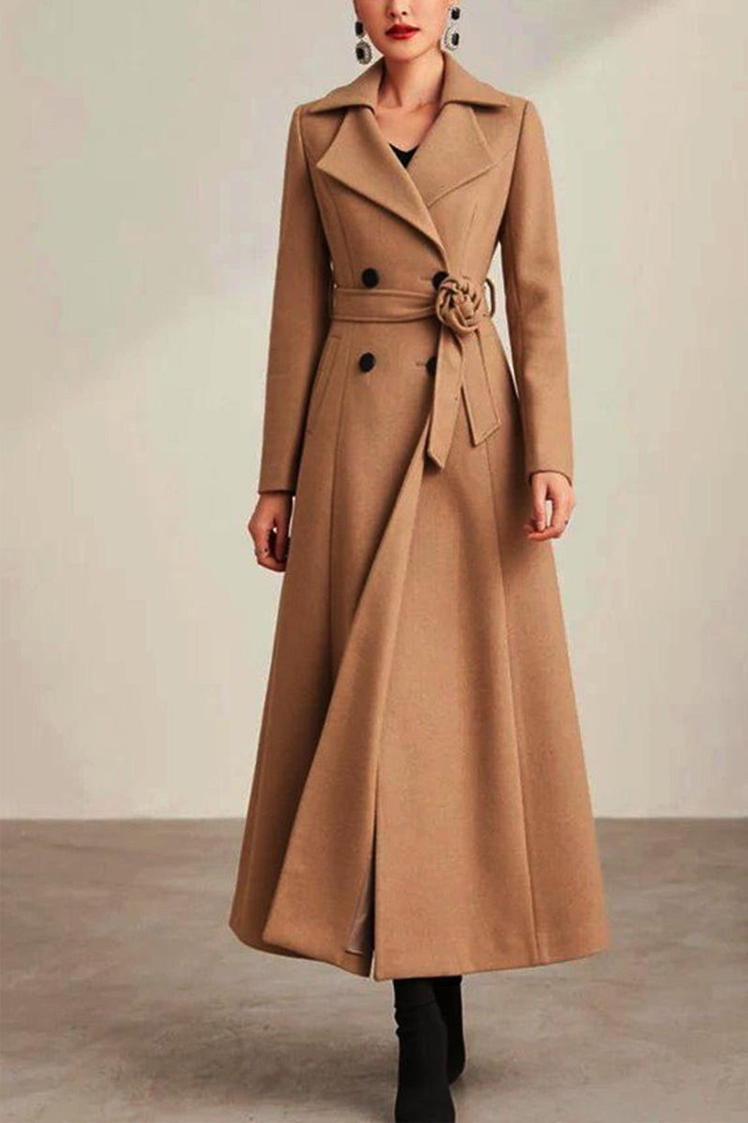 solovedress Khaki Double Breasted Lapel Casual Women Tweed Long Coat