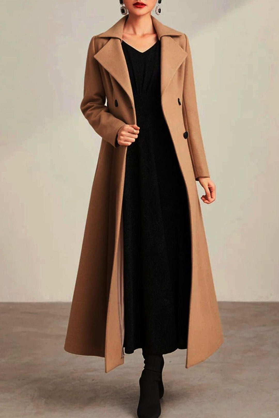 solovedress Khaki Double Breasted Lapel Casual Women Tweed Long Coat