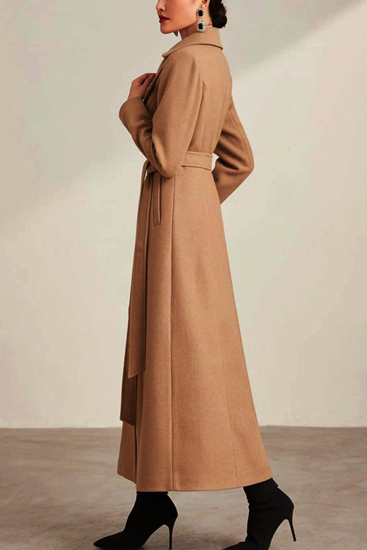 solovedress Khaki Double Breasted Lapel Casual Women Tweed Long Coat