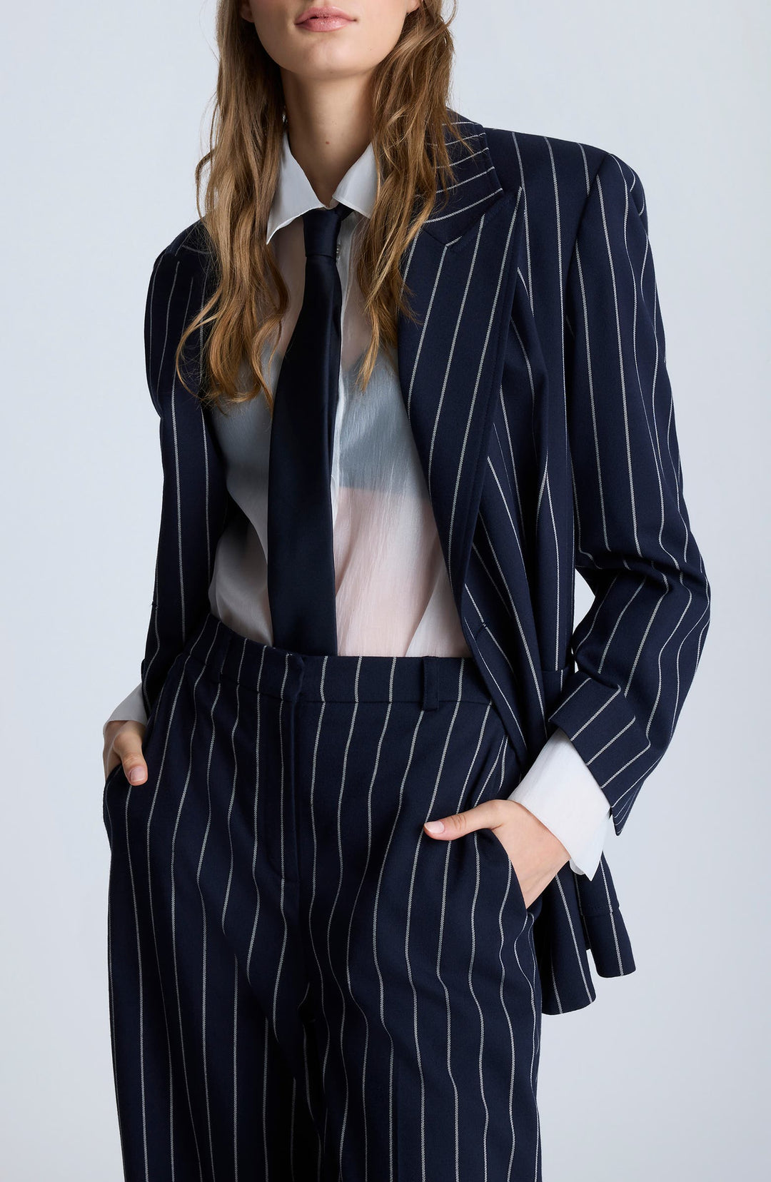 solovedress Navy 2 Piece Peak Lapel Business Casual Striped Women's Suit