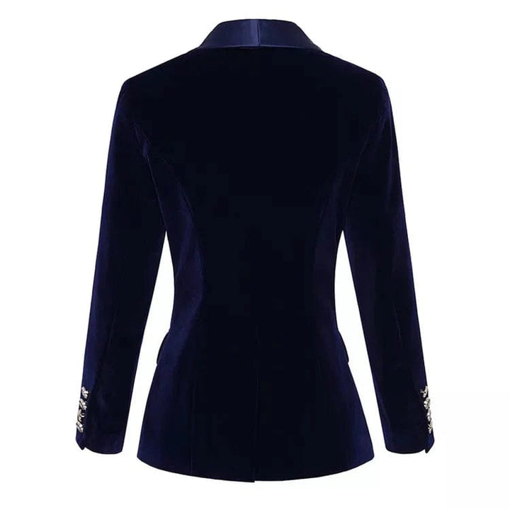 solovedress Navy Blue Tuxedo Velvet Shawl Lapel Women Blazer