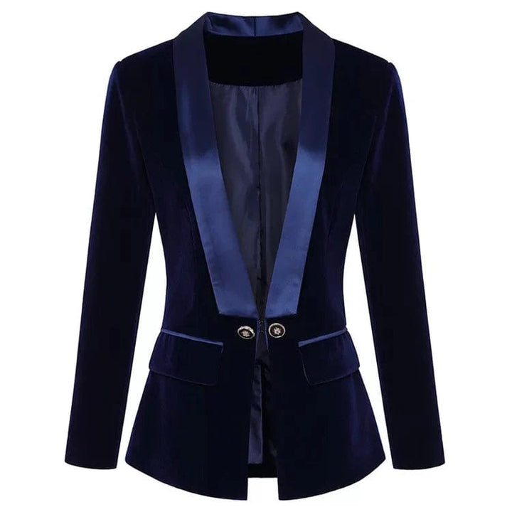 solovedress Navy Blue Tuxedo Velvet Shawl Lapel Women Blazer