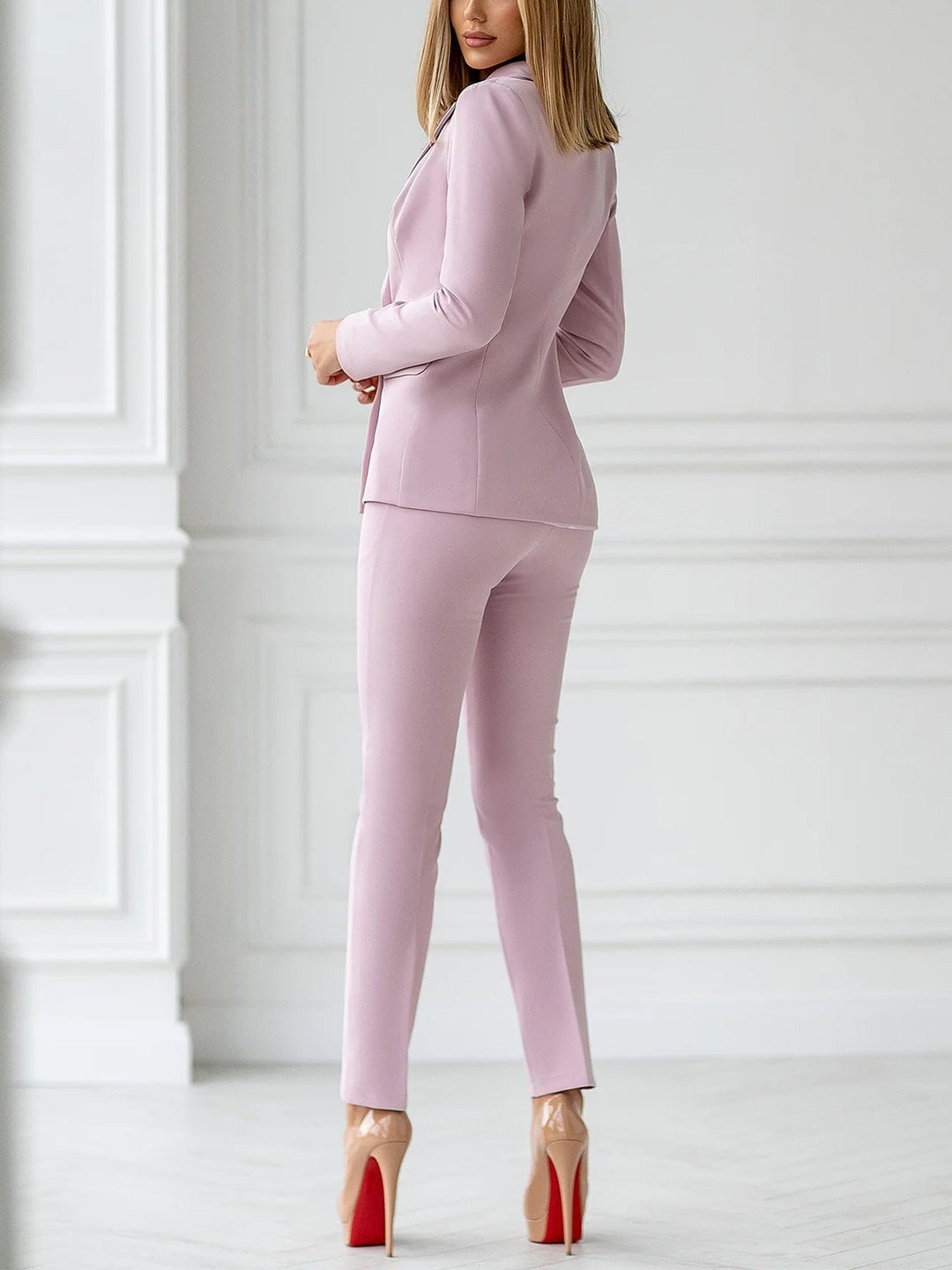 solovedress Pink 2 Piece Business Casual Double Breasted Peak Lapel Slim Fit Women Suit (Blazer+Pants)