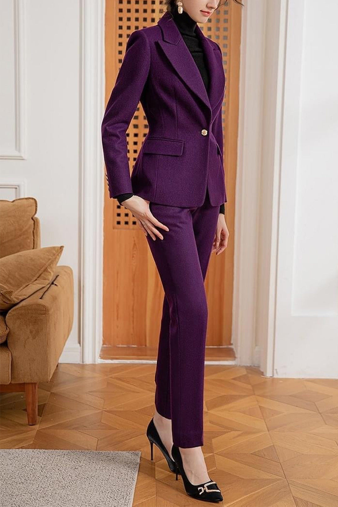 solovedress Purple 2 Piece Elegant Notch Lapel Single Breasted Tweed Women Suit