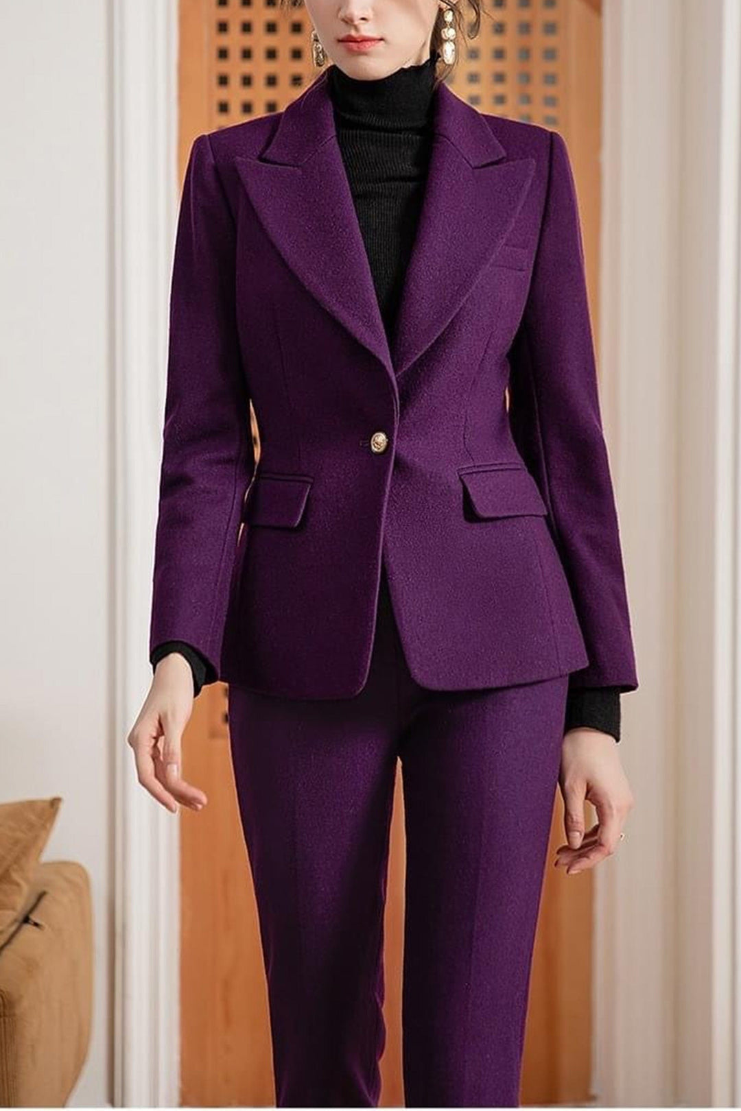 solovedress Purple 2 Piece Elegant Notch Lapel Single Breasted Tweed Women Suit