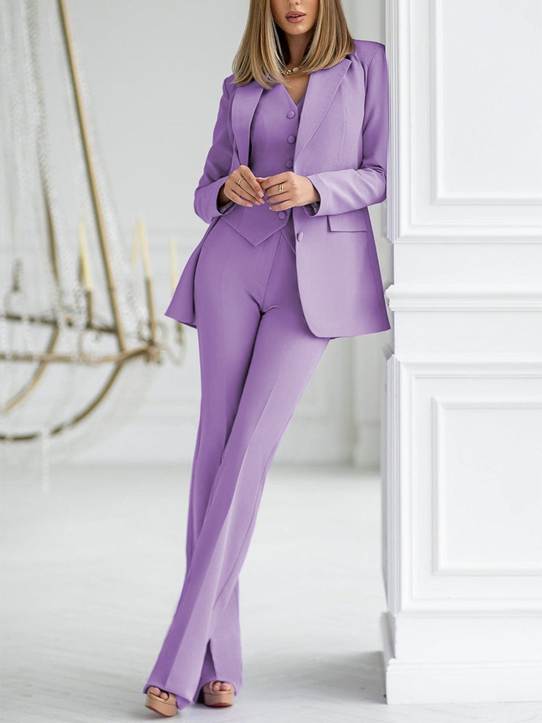 solovedress Purple 3 Piece Double Buttons Business Casual Slim Fit Suit (Blazer+Vest+Pants)