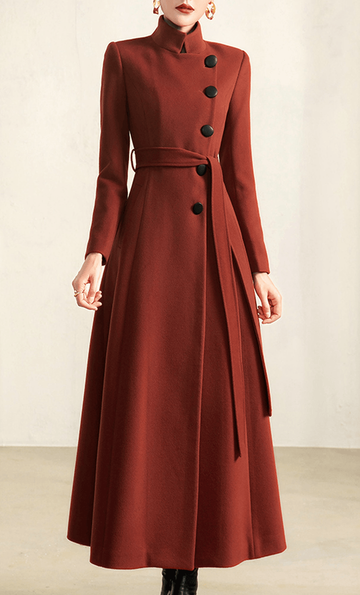 solovedress Red Double Breasted Lapel Casual Women Tweed Long Coat