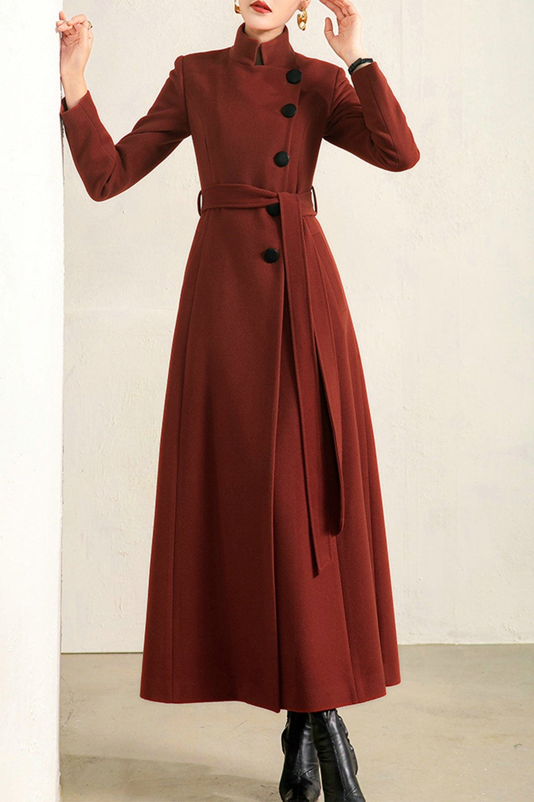 solovedress Red Double Breasted Lapel Casual Women Tweed Long Coat