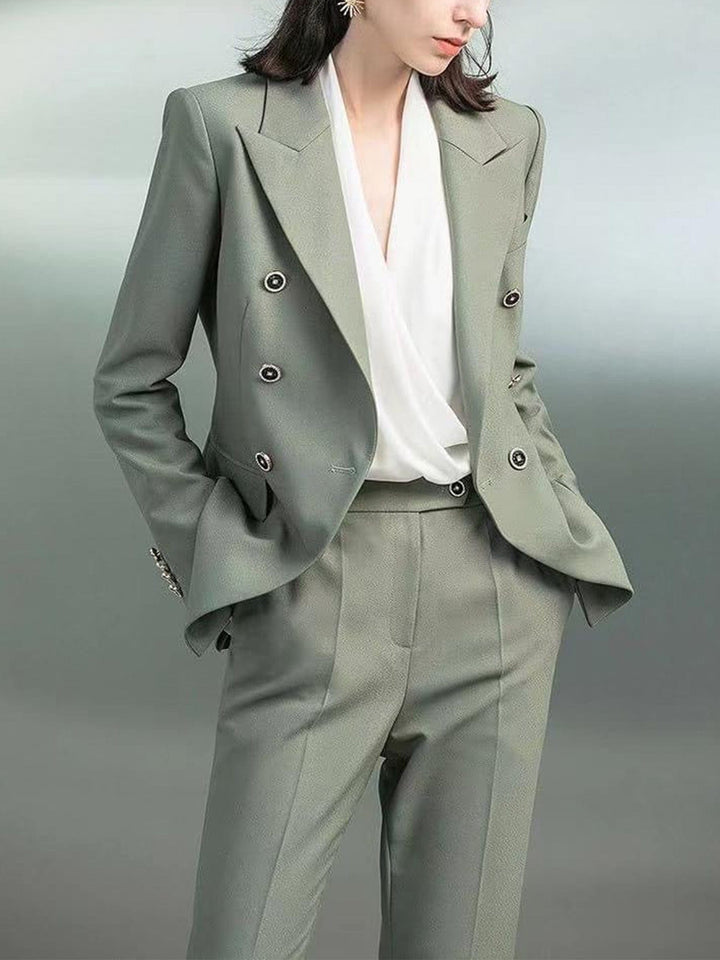 solovedress Sage Green 2 Piece Double Breasted Peak Lapel Women's Suit