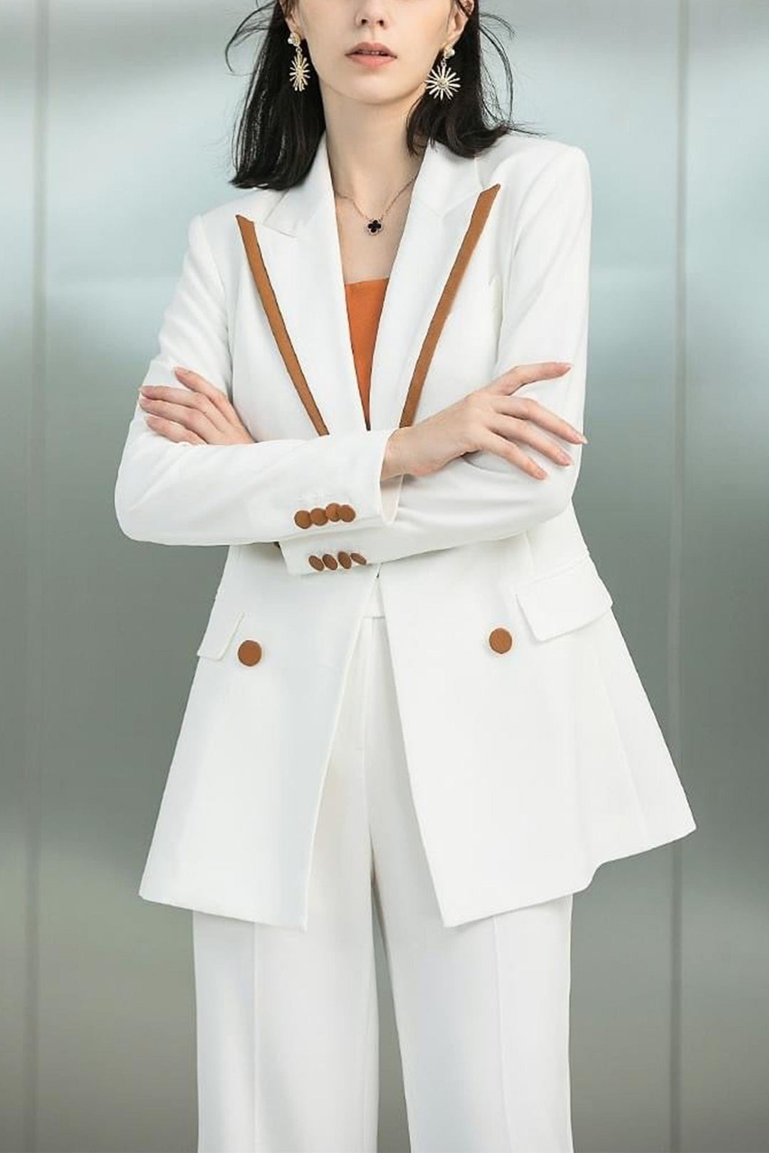 solovedress White 2 Piece Double Breasted Orange Trim Notch Lapel Women Suit