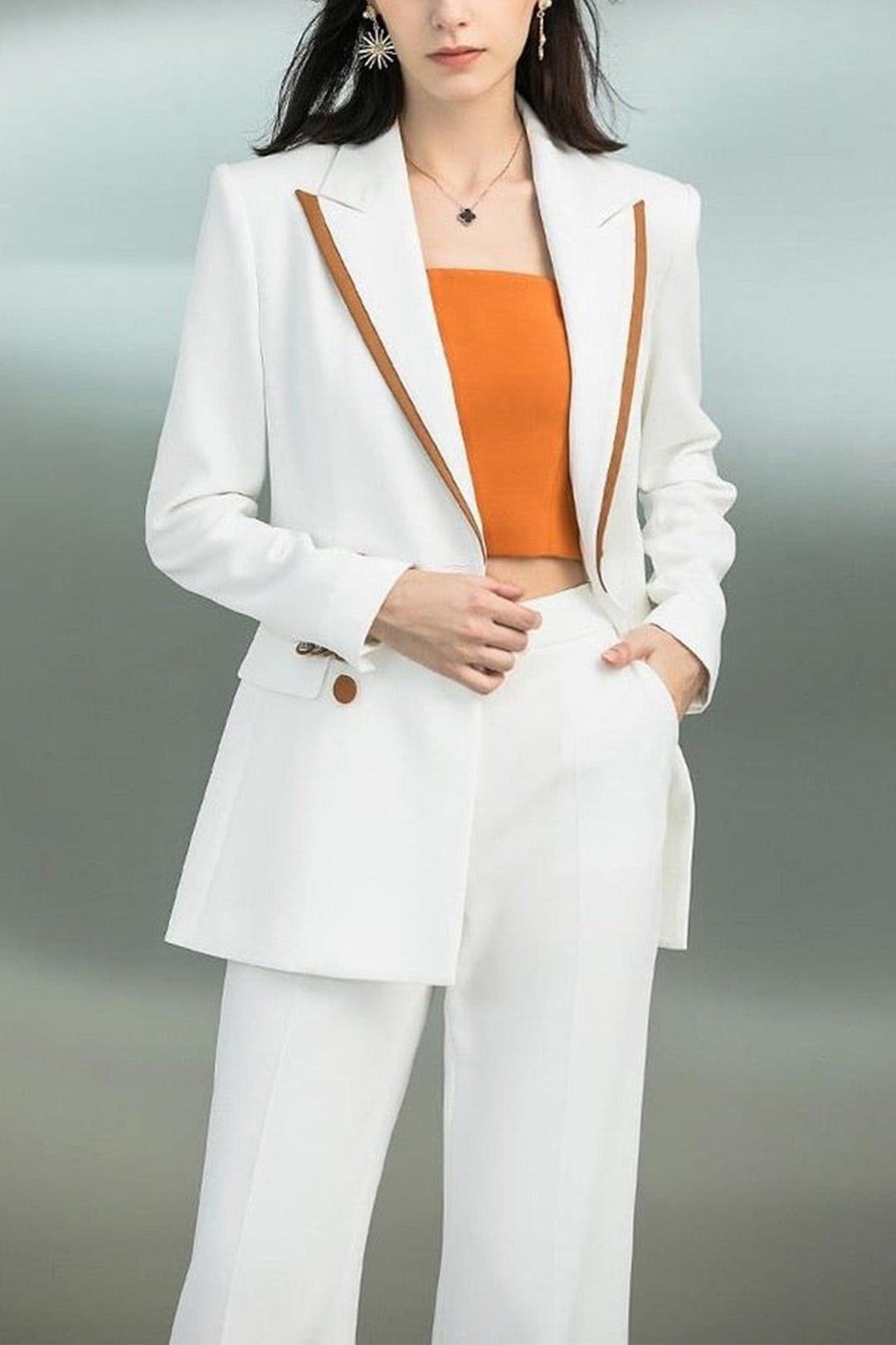 solovedress White 2 Piece Double Breasted Orange Trim Notch Lapel Women Suit