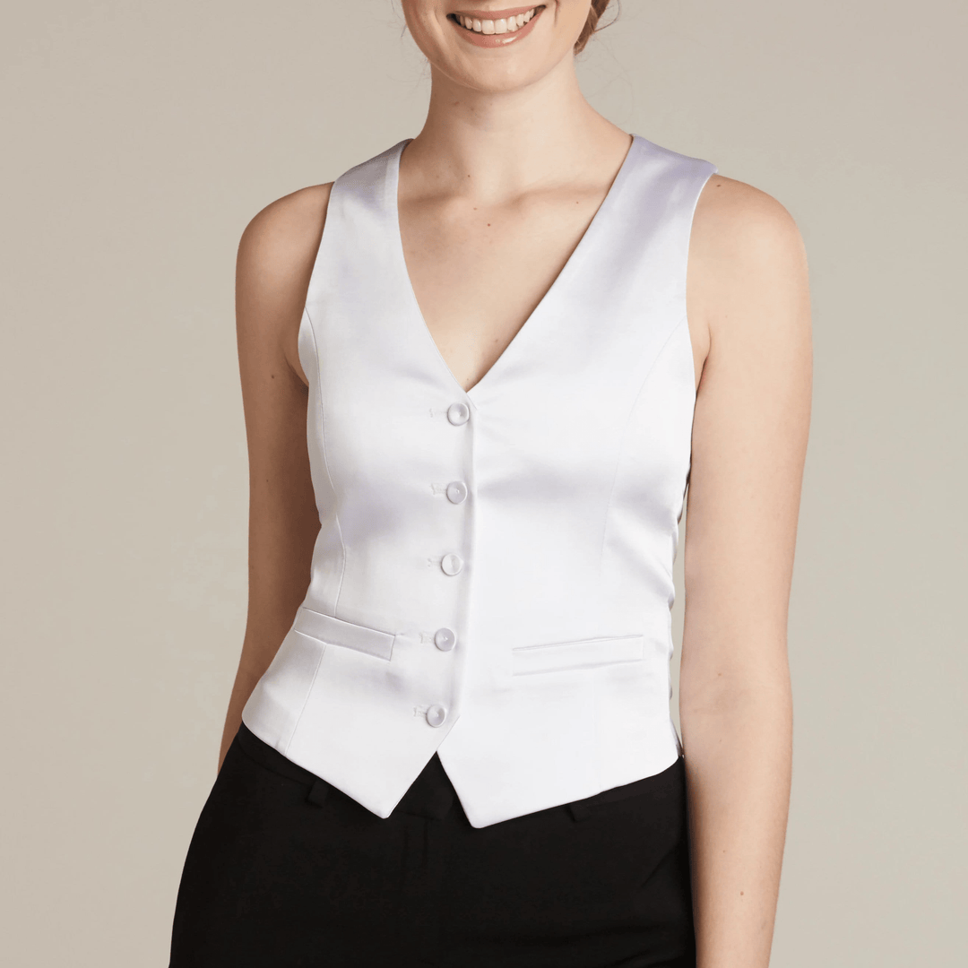 solovedress White Single Breasted V Neck Business Casual Satin Vest