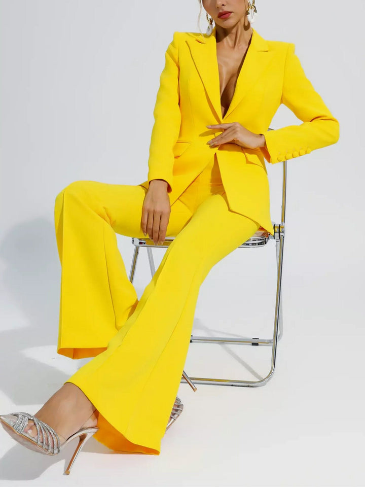 solovedress Yellow 2 Piece Stylish Elegant Peak Lapel Single Breasted Slim Fit Women Suit