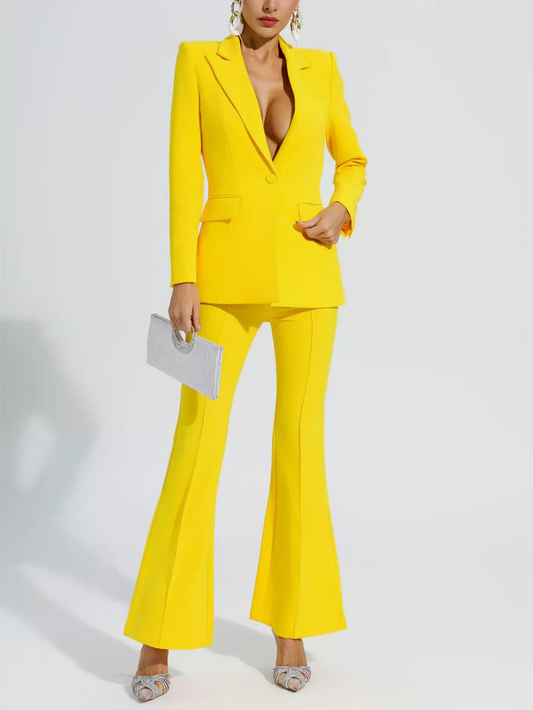 solovedress Yellow 2 Piece Stylish Elegant Peak Lapel Single Breasted Slim Fit Women Suit