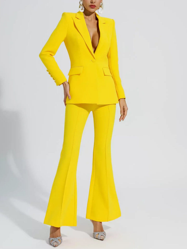 solovedress Yellow 2 Piece Stylish Elegant Peak Lapel Single Breasted Slim Fit Women Suit