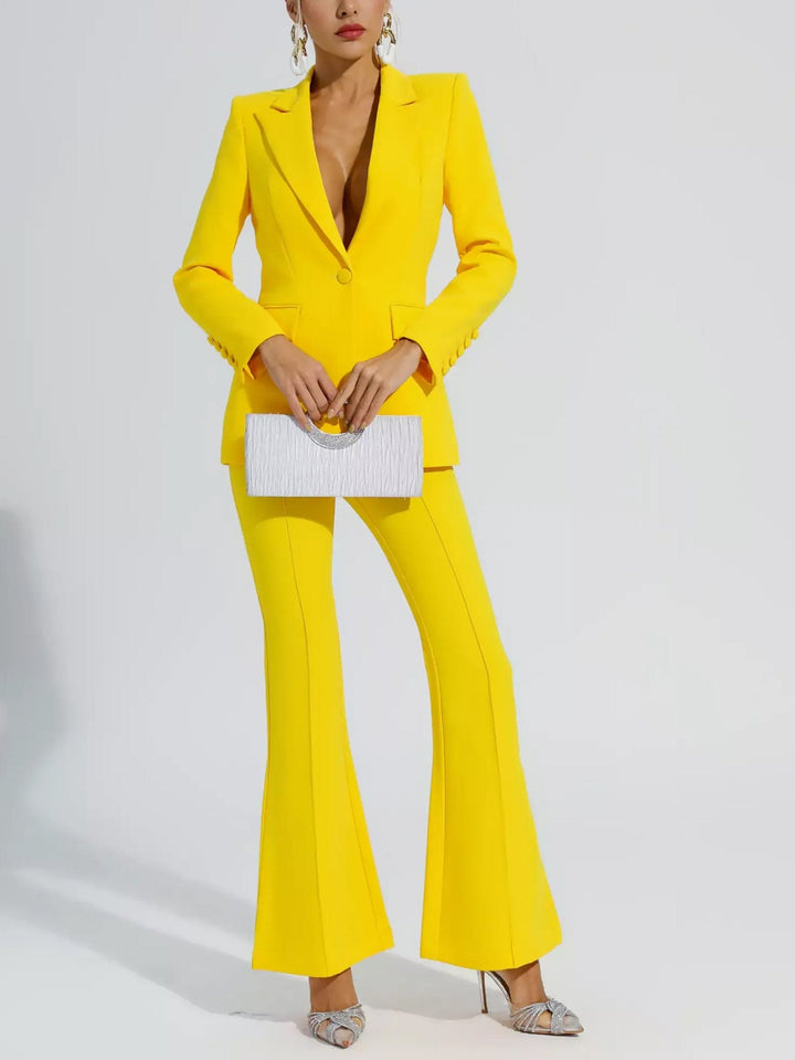 solovedress Yellow 2 Piece Stylish Elegant Peak Lapel Single Breasted Slim Fit Women Suit